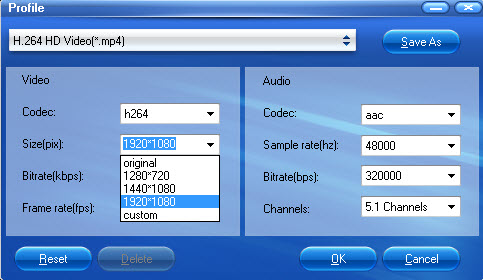 Adjust audio/video parameters, bitrate, frame rate, file size, codec and channels